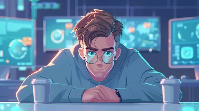 In the image, a malevolent hacker in glasses is shown looking at multiple computer screens with a menacing expression, hinting at cyber threats