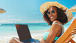 Black freelancer woman in bikini with laptop enjoys remote work on beach