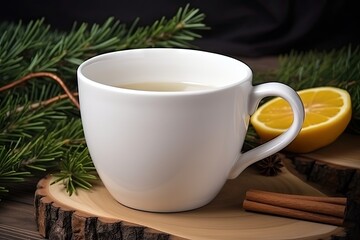 Pine Needles Tea in White Cup, Healthy Winter Beverage in Camping, Pine Tree Needles Tea in Mug