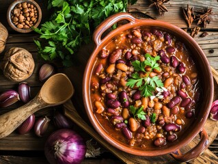 Wall Mural - Georgian Lobio, Cooked Beans, Red Beans with Meat and Spices, Lobio in Ceramic Pot on Rustic Background