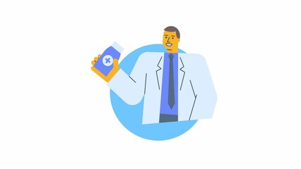 Wall Mural - Icon doctor holds bottle with pills and smiles. Alpha channel