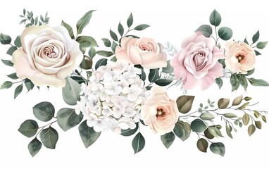 Wall Mural - Dusty pink and cream roses, peonies, hydrangea flowers, tropical leaves vector floral arrangement wedding bouquets. Eucalyptus, greenery. Floral pastel watercolor style. Spring bouquet.