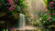 Beautiful orchid garden with a small waterfall. AI generated