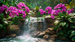 Beautiful purple orchid garden with a small waterfall.