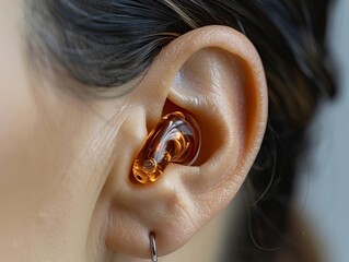 Closeup of a hearing aid in a persons ear, highlighting hearing enhancement technology