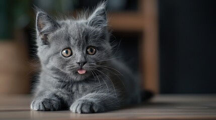 Wall Mural - Cute gray kitten with tongue out sitting indoors