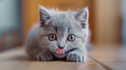 Wall Mural - Fluffy gray kitten licking paw at home