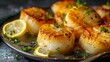 Seared Scallops Plated with Lemon and Herbs on Dark Background