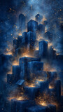 Fototapeta  - background with clouds Intricate Blue Geometric Layers with Golden Accents Illuminated Against Dark Blue Backdrop Abstract