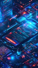 Isometric banners of software development, website design, and coding. Digital tech for cross-platform app creation, with text space