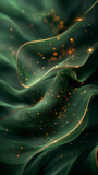 Fototapeta  - Luxurious 3D Green Wave Lines with Shiny Gold Curved Decorations, Glitter Illumination on Dark Gradient Background Abstract