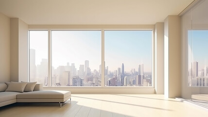 Poster - Panoramic windows in the interior with a view of the cityscape in daylight, modern design in the style of minimalism