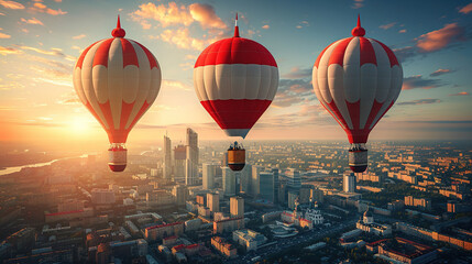 Poster -   Three hot air balloons soaring in the sky above a cityscape during sunset, with the sun positioned behind them
