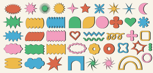 Wall Mural - set of abstract brutalist figure. retro sticker shape with line. geometric stars and form. swiss des
