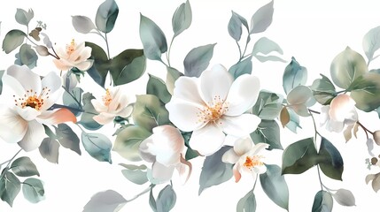 Wall Mural - Watercolor floral seamless border with green leaves, white flowers blush peach pink, leaves branches.