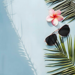 Wall Mural - sunglasses and palmleafes and pink flower lay on a light blue background 