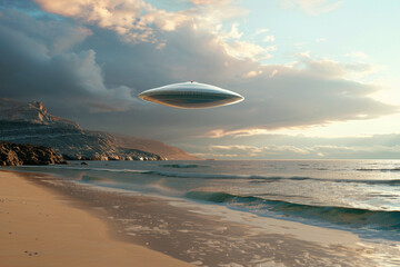 Wall Mural - UFO flying over beach