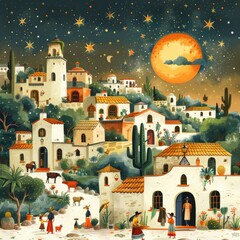 Wall Mural - a painting of a village in the mountains with a full moon. high quality illustration