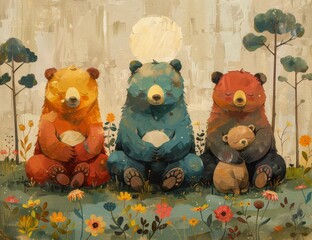 Wall Mural - oil painting with three cute bears in the forest