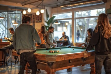 Friends around a pool table playing