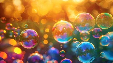 Poster - Multiple vivid soap bubbles in various sizes and colors drift through the air, creating a whimsical and vibrant spectacle