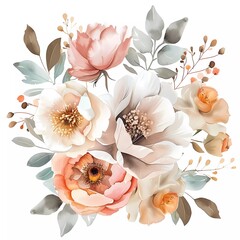 Wall Mural - Vanilla Cream and Blush Watercolor Flower Arrangement Isolated on White Background