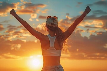 Wall Mural - A woman is standing in the sun with her arms raised in the air. The sky is orange and the sun is setting