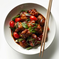 Wall Mural - Savory General Tso’s chicken and vibrant mixed vegetables fill a pristine white bowl