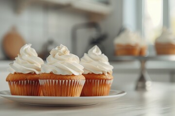 Wall Mural - Tasty cupcakes with butter cream on table on kitchen background