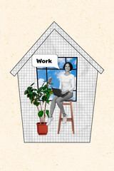 Wall Mural - Vertical photo collage of happy businesswoman sit chair home comfort work macbook freelance flower pot isolated on painted background