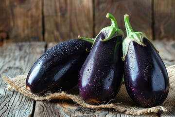 Wall Mural - Fresh eggplants with sackcloth on wooden table