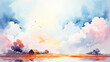 Abstract landscape in multicolored clouds, watercolor background postcard