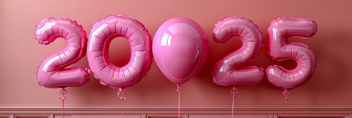 Poster - Pink balloons arranged to form the number 2025, a celebration New Year display