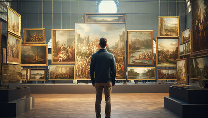 A person stands and looks at a painting in the gallery of the back