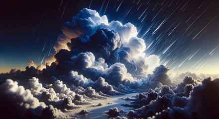 Wall Mural - ai generated illustration of a dramatic sunset illuminating large clouds with rain streaks