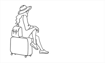 Girl travels in a hat and sits on a suitcase on white background. Continuous line art drawing isolated on white background. Vector illustration