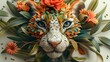 Colorful illustration of a tiger's face with flowers and leaves.