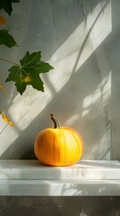 Sticker - AI generated illustration of an orange pumpkin on a table next to green leaves