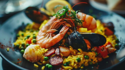 Wall Mural - A savory seafood paella garnished with lemon wedges and fresh herbs