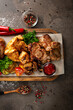 top view grilled meat of different types beef pork dark surface