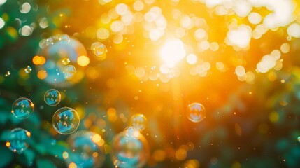 Aufkleber - Soap bubbles reflecting sunlight, floating gracefully on a vibrant green background, creating a mesmerizing visual display