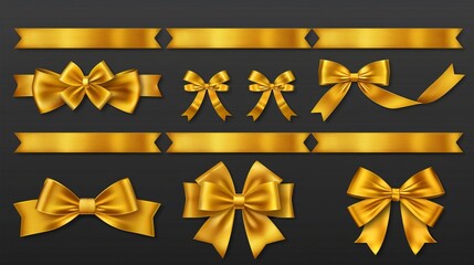 Wall Mural - Set of gold ribbons and bows for wrapping boxes, designing cards and invitations, isolated on transparent background. 3D modern illustration.