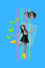 Sticker - Vertical photo collage of happy small girl dance hold air balloon butterfly wear stylish skirt striped shirt isolated on painted background