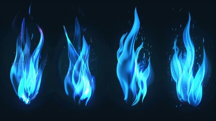 Wall Mural - Flame effect of a realistic blue fire on a white background, isolated on transparent background, glowing flare border or frame design element. Elegant 3D modern illustration, icon, clipart.