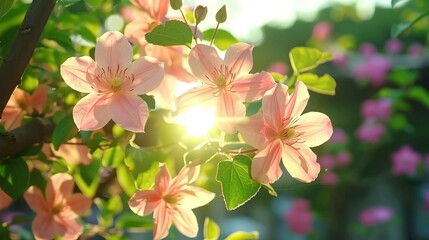 Aufkleber - The suns rays illuminate pink clematis 
flowers on a tree, creating a vibrant and colorful scene in nature