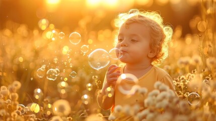 Poster - A little girl blowing bubbles in a field of flowers, AI