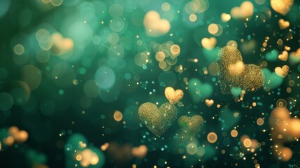 Sticker - A background featuring green and gold colors with blurred hearts creating a bokeh effect