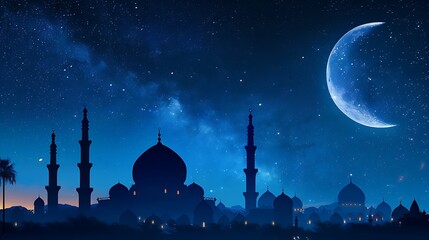 Mosque Domes and Crescent Moon with Stars on Night Sky Background in Vertical frame symbol islamic religion Eid al Adha