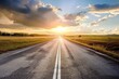 © ArtSpree - Scenic highway leads to a sunset-lit mountain range on an open road journey. Beautiful simple AI generated image in 4K, unique.