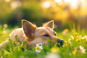 a dog is lying in the flowers field